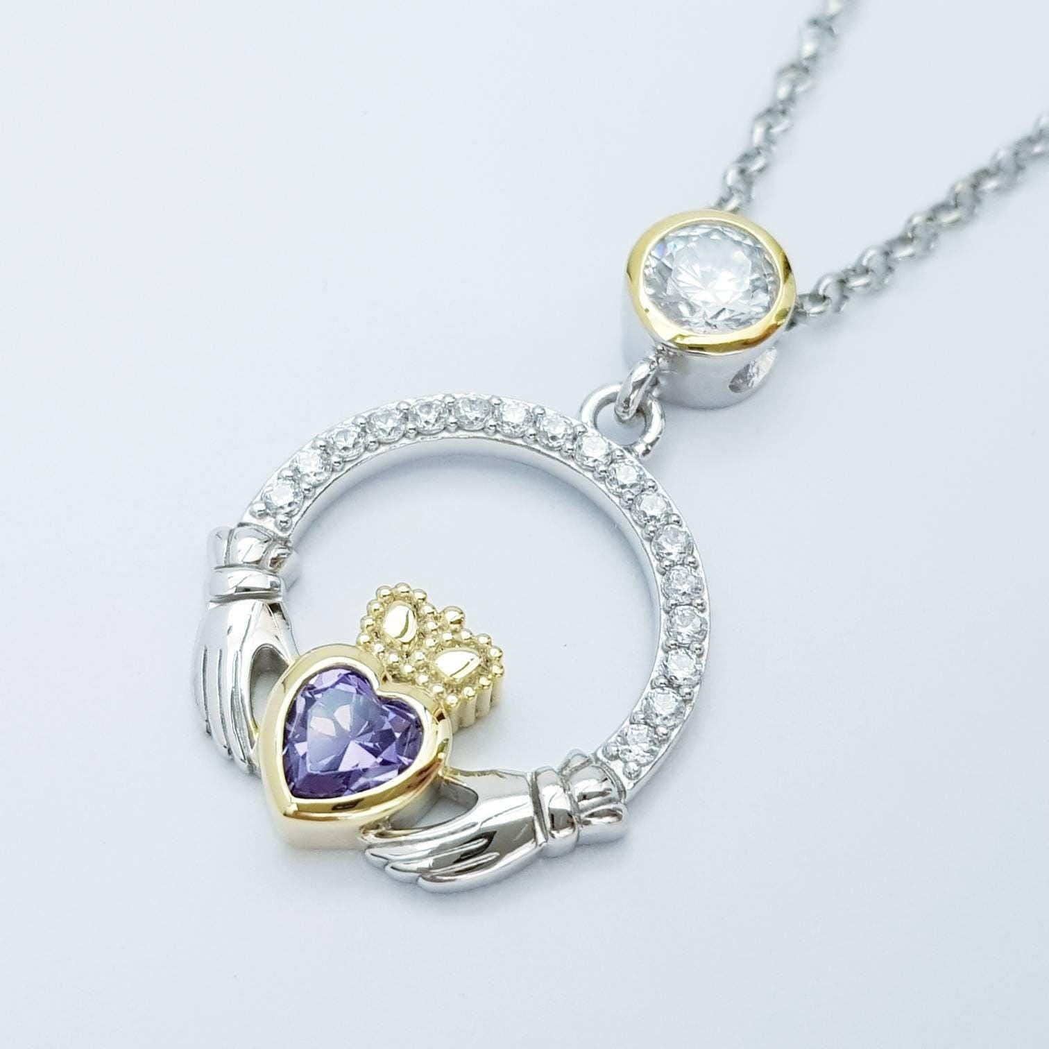 Purple Claddagh pendant, claddagh necklace, silver claddagh pendant February birthstone