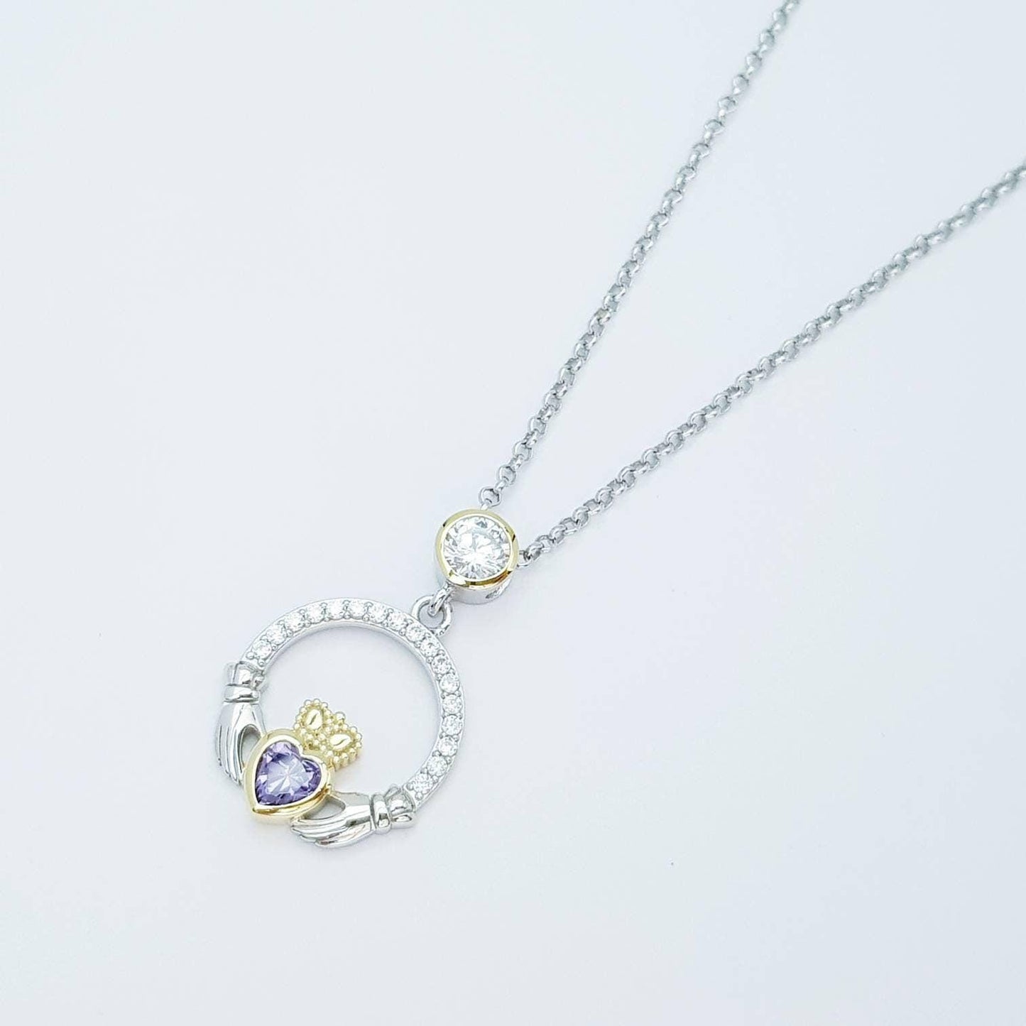 Purple Claddagh pendant, claddagh necklace, silver claddagh pendant February birthstone