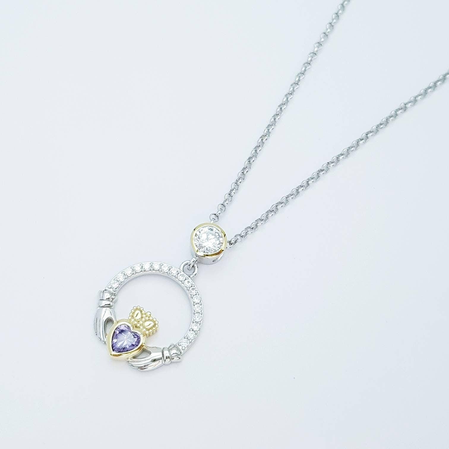 Purple Claddagh pendant, claddagh necklace, silver claddagh pendant February birthstone