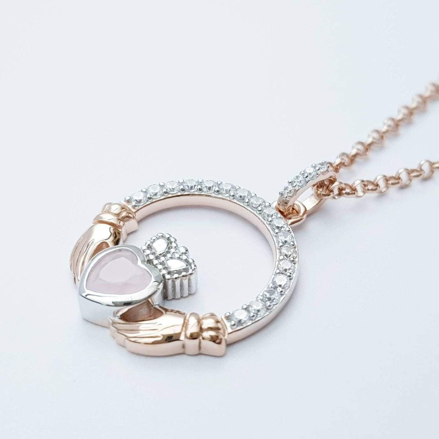 Pink Claddagh pendant, two tone claddagh necklace from Galway, Ireland, silver and rose gold claddagh pendant