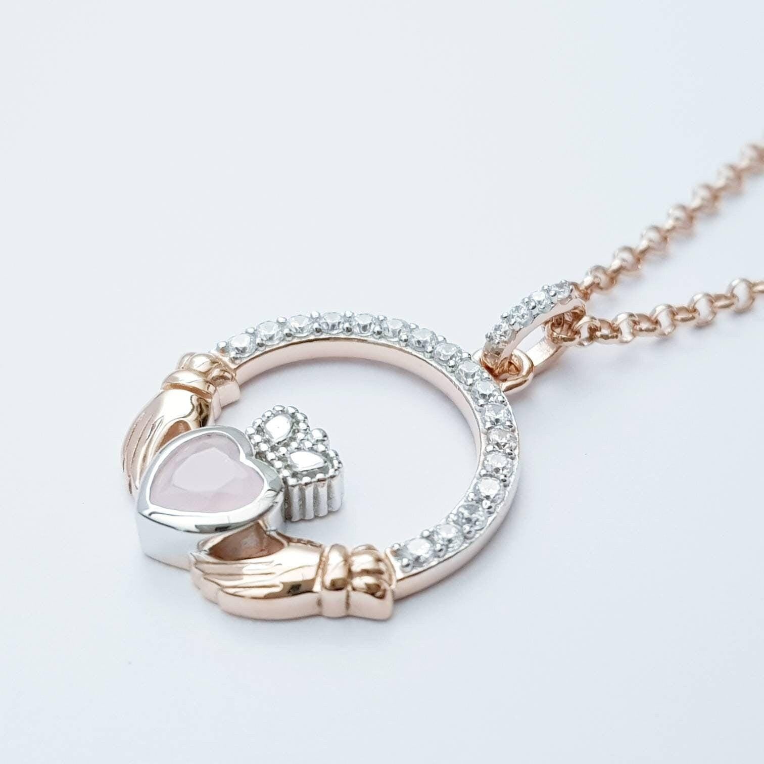 Pink Claddagh pendant, two tone claddagh necklace from Galway, Ireland, silver and rose gold claddagh pendant