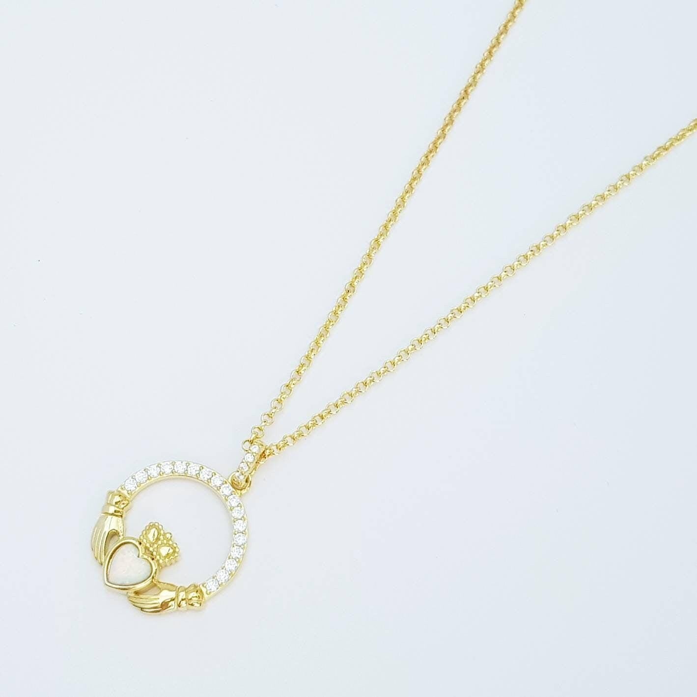 Opal Claddagh pendant, claddagh necklace, yellow gold claddagh pendant October birthstone