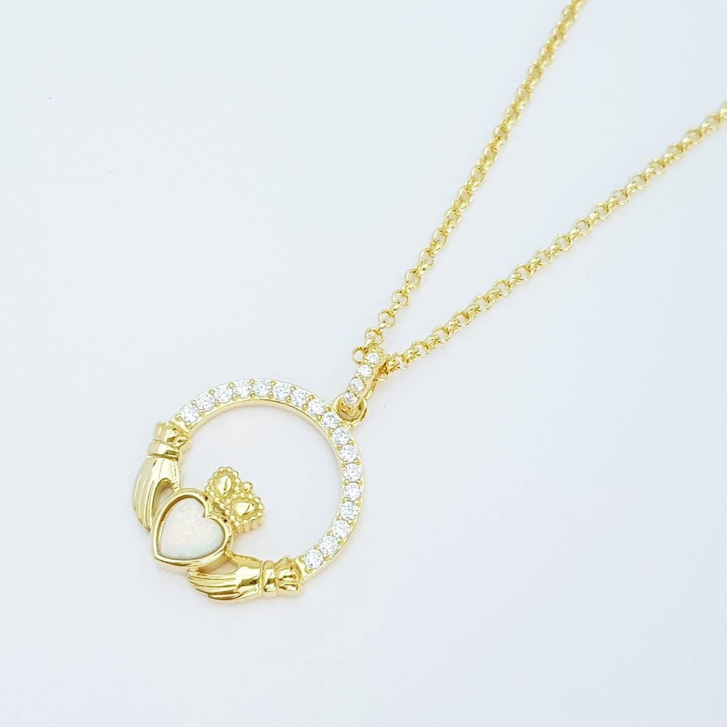 Opal Claddagh pendant, claddagh necklace, yellow gold claddagh pendant October birthstone