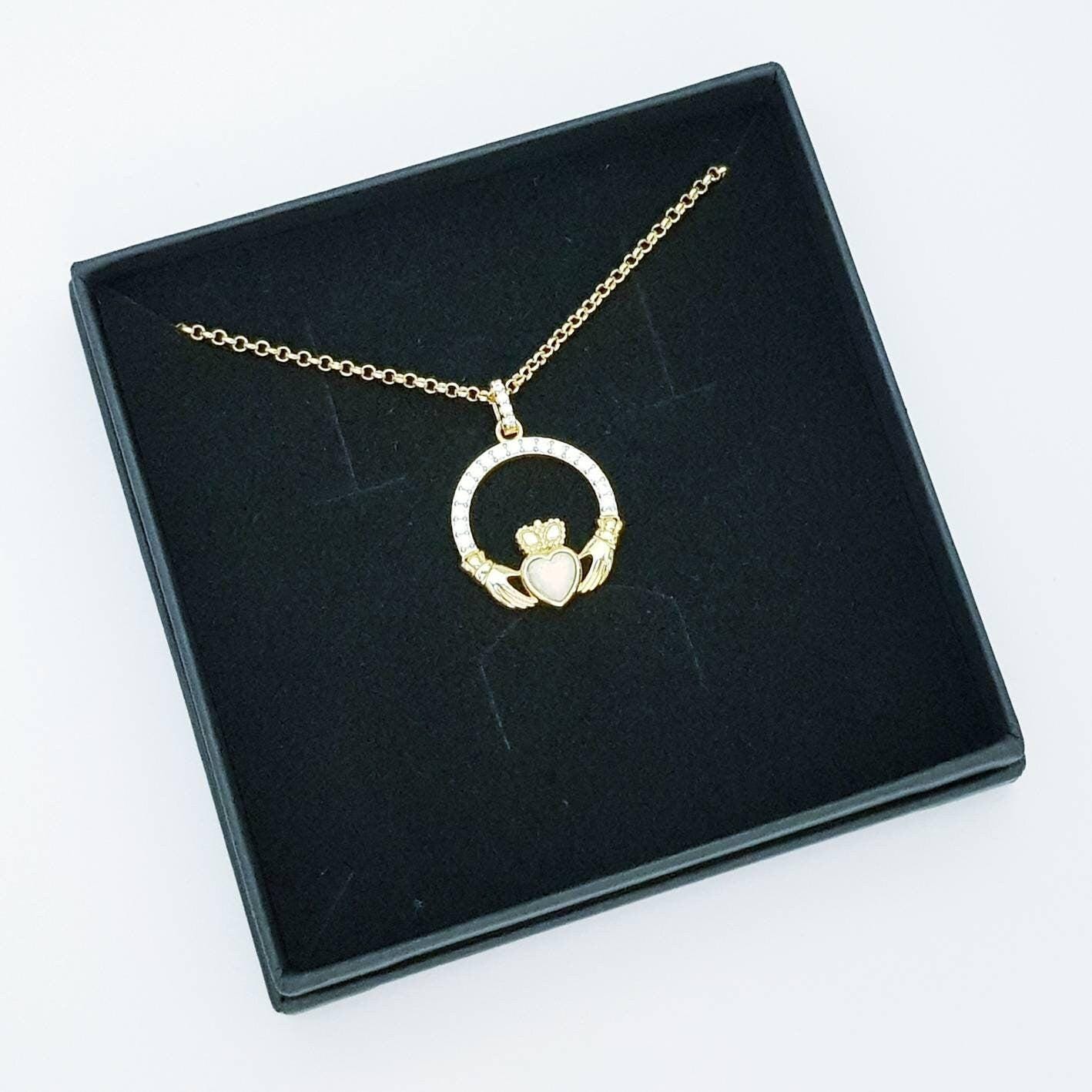Opal Claddagh pendant, claddagh necklace, yellow gold claddagh pendant October birthstone
