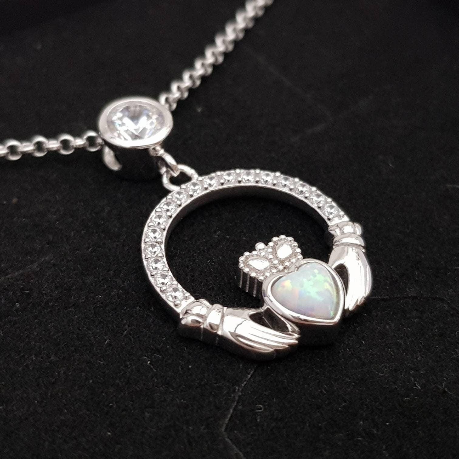 Opal Claddagh pendant, claddagh necklace, yellow gold claddagh pendant October birthstone