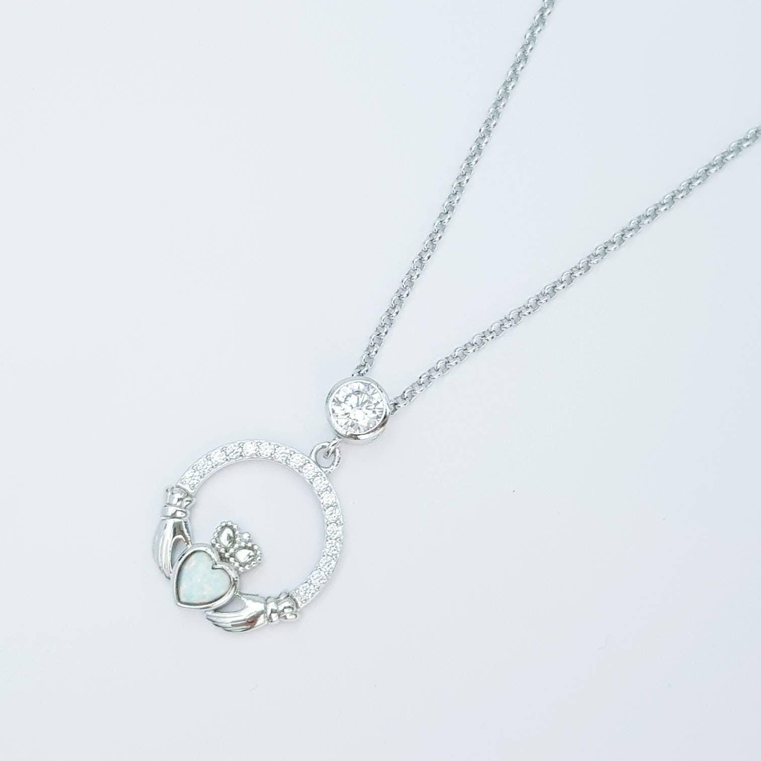 Opal Claddagh pendant, claddagh necklace, yellow gold claddagh pendant October birthstone