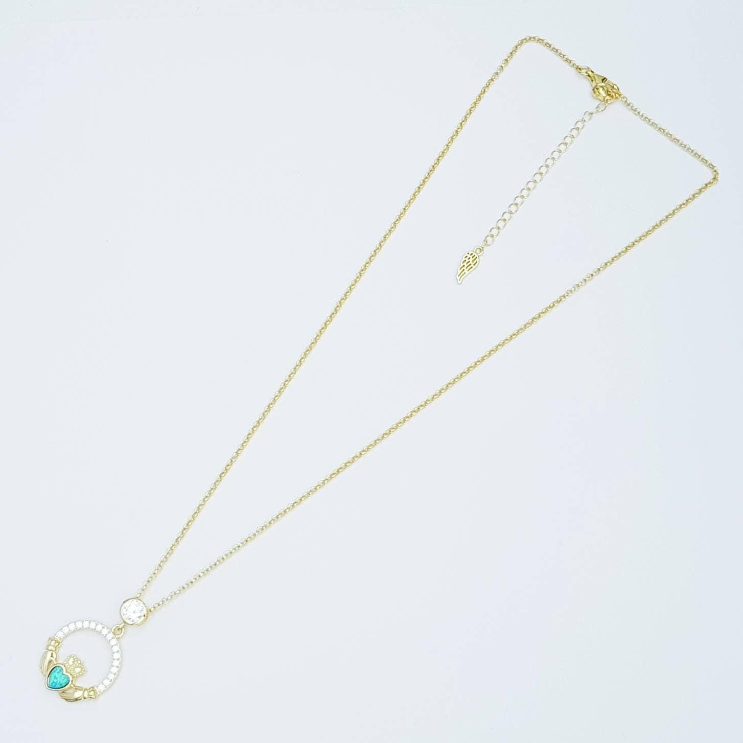 Opal Claddagh pendant, claddagh necklace, yellow gold plated claddagh pendant
