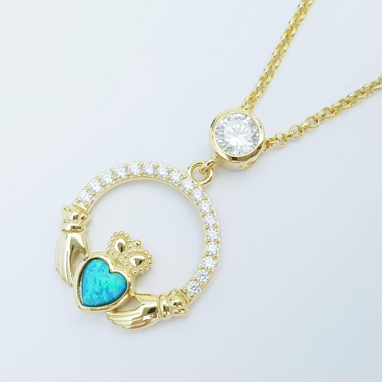 Opal Claddagh pendant, claddagh necklace, yellow gold plated claddagh pendant