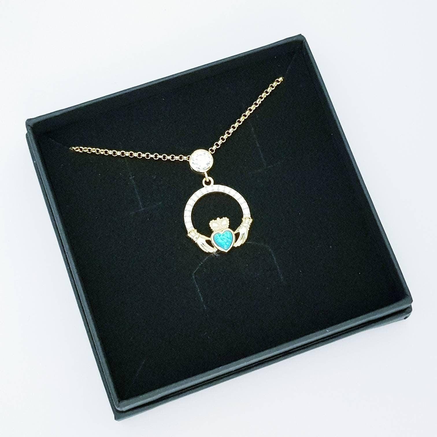 Opal Claddagh pendant, claddagh necklace, yellow gold plated claddagh pendant