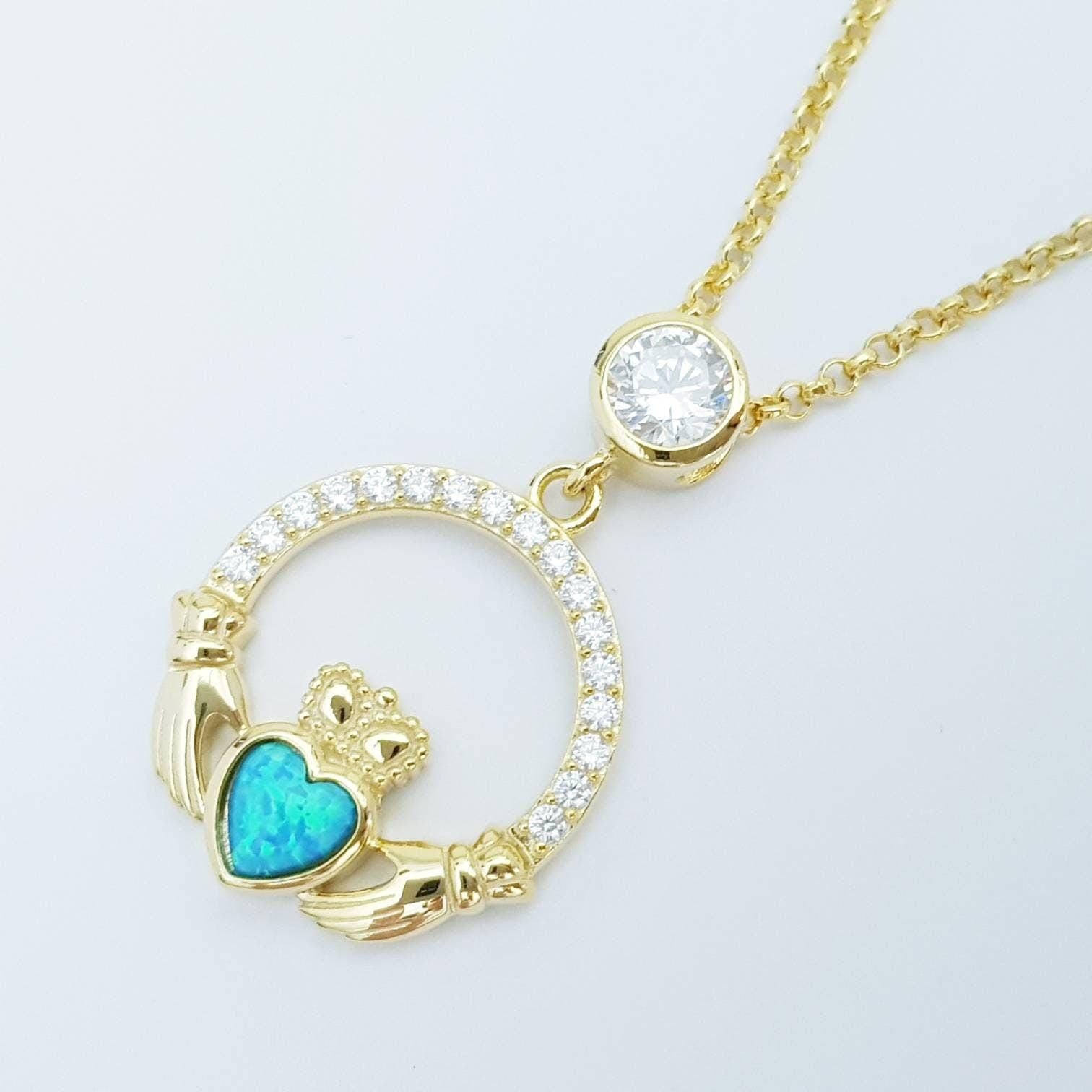 Opal Claddagh pendant, claddagh necklace, yellow gold plated claddagh pendant