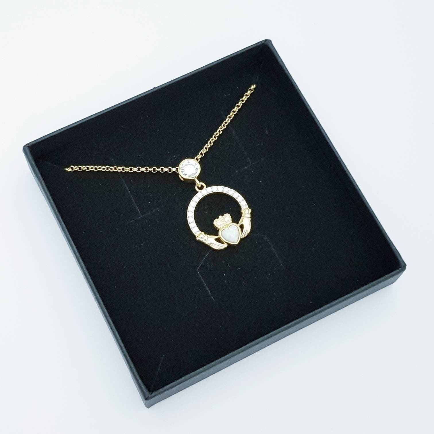 Opal Claddagh pendant, claddagh necklace, yellow gold claddagh pendant October birthstone