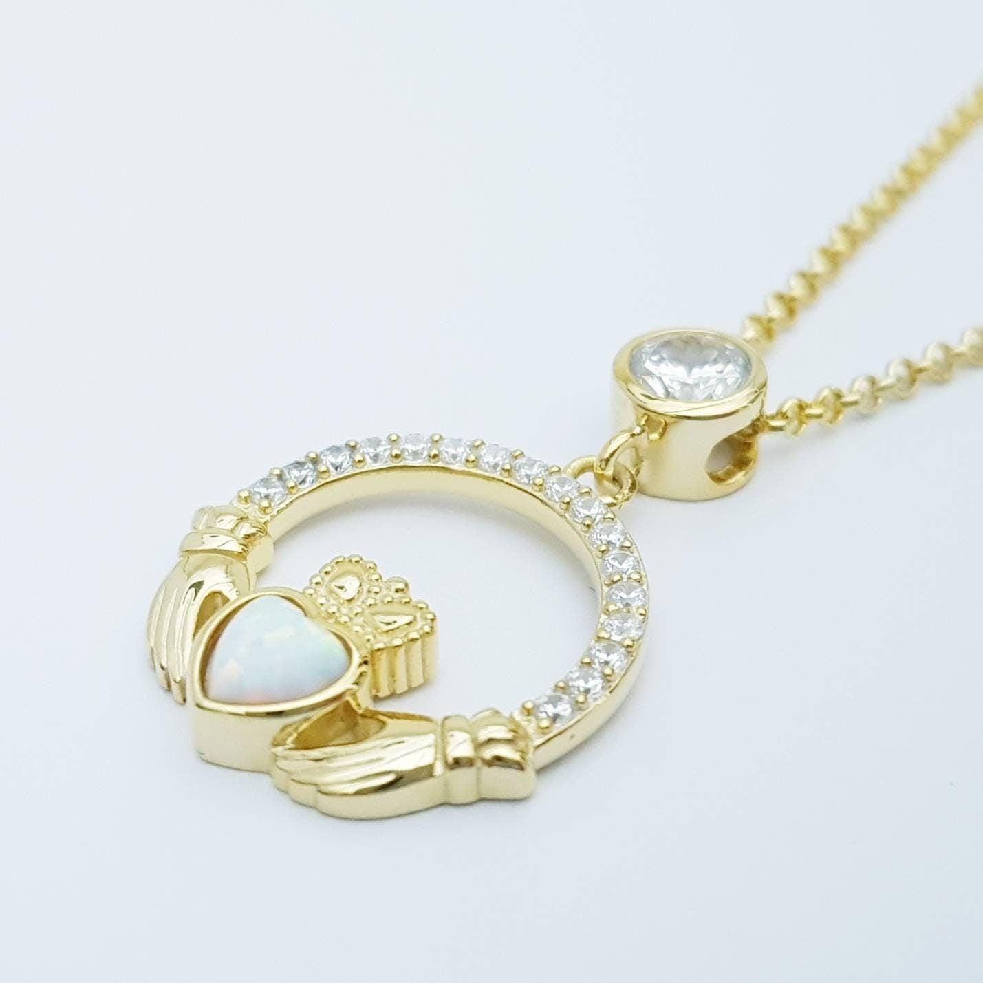 Opal Claddagh pendant, claddagh necklace, yellow gold claddagh pendant October birthstone