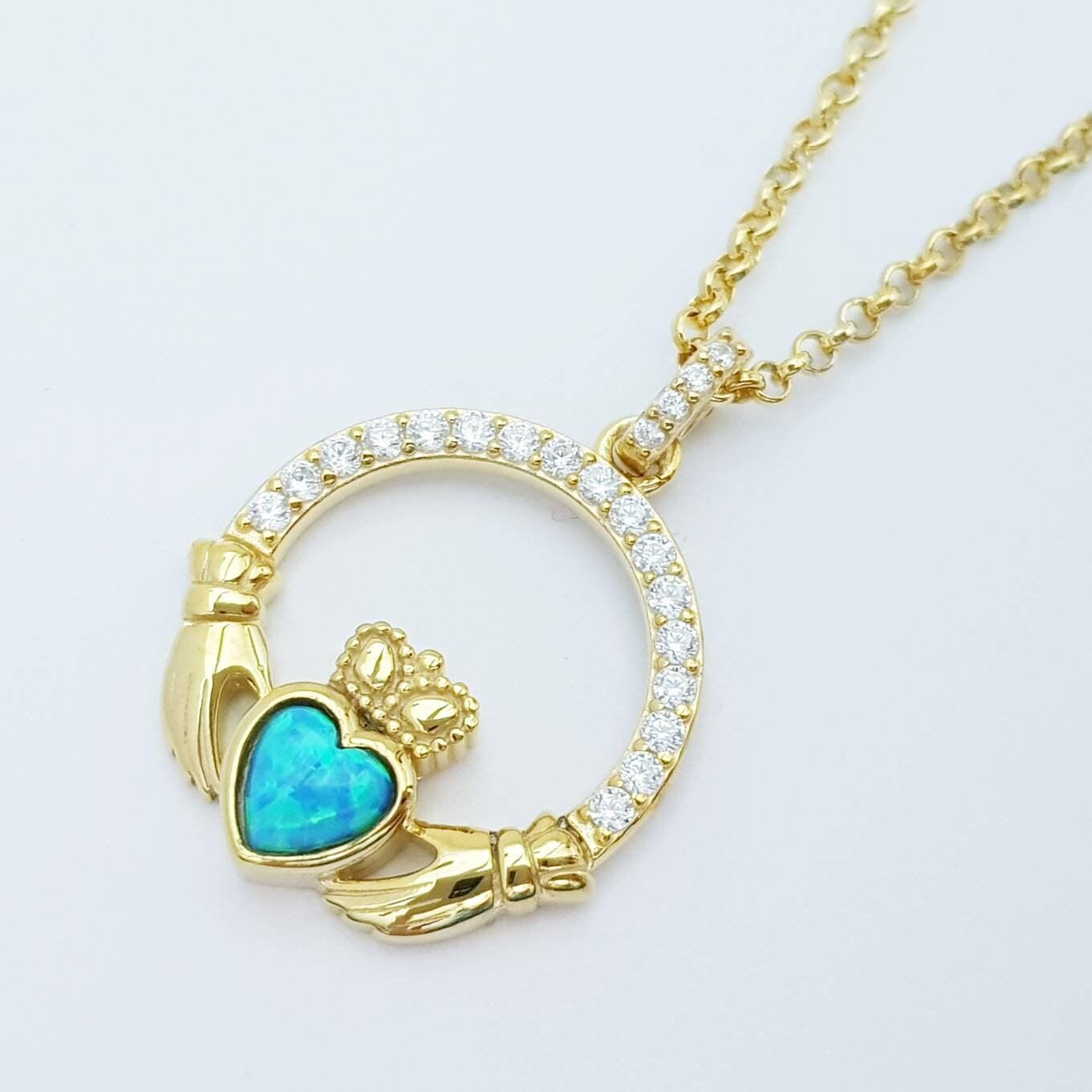 Opal Claddagh pendant, claddagh necklace, yellow gold claddagh pendant October birthstone