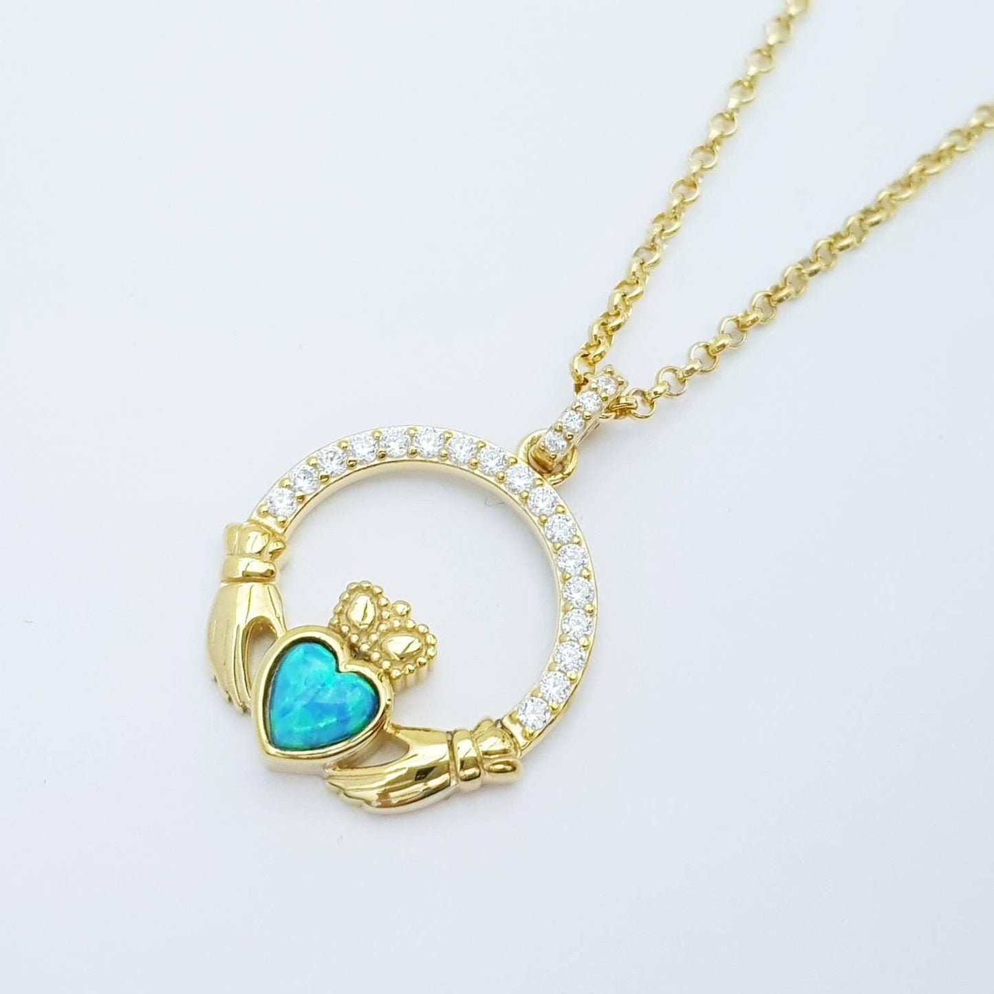 Opal Claddagh pendant, claddagh necklace, yellow gold claddagh pendant October birthstone