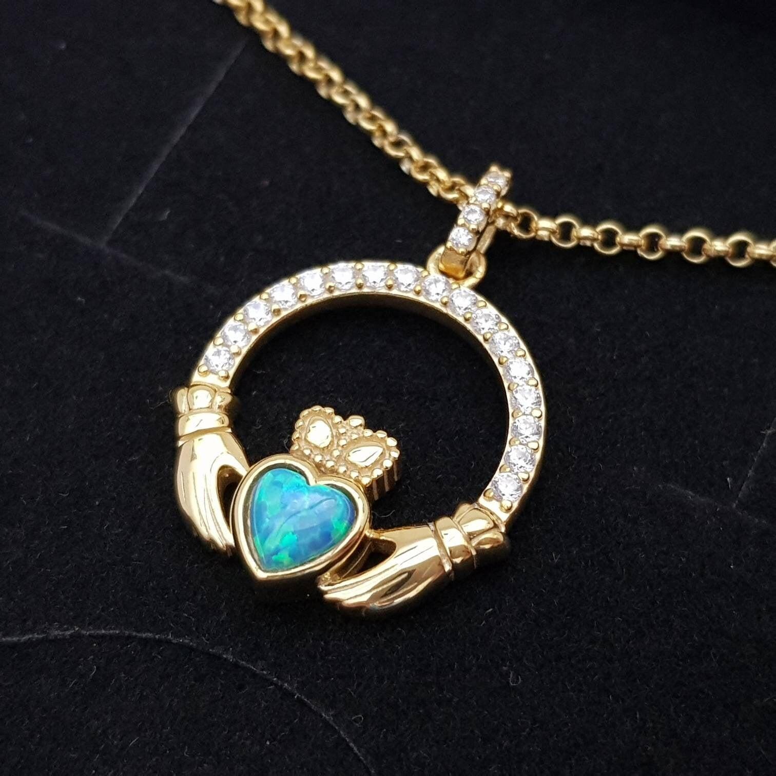 Opal Claddagh pendant, claddagh necklace, yellow gold claddagh pendant October birthstone