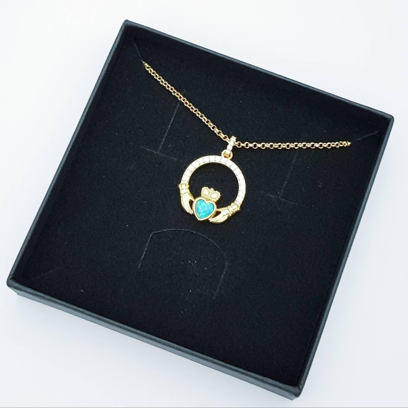 Opal Claddagh pendant, claddagh necklace, yellow gold claddagh pendant October birthstone