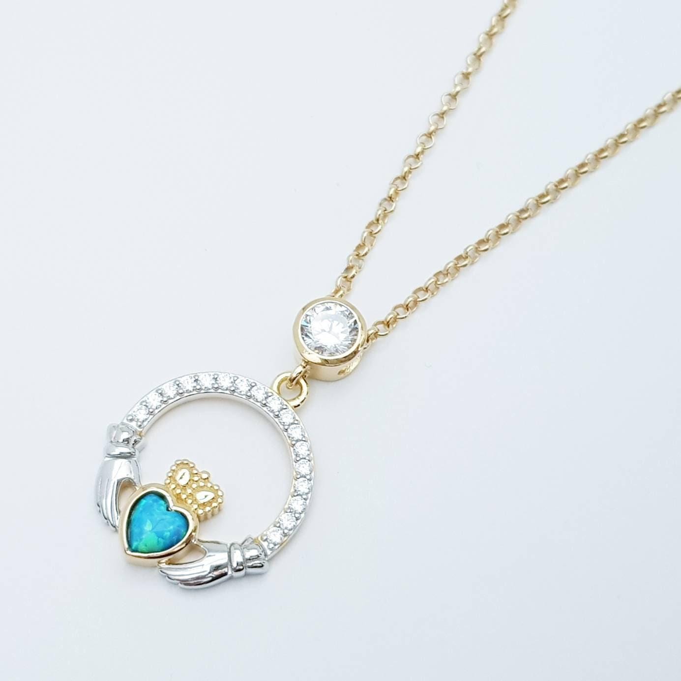 Opal Claddagh pendant, claddagh necklace, yellow gold claddagh pendant October birthstone