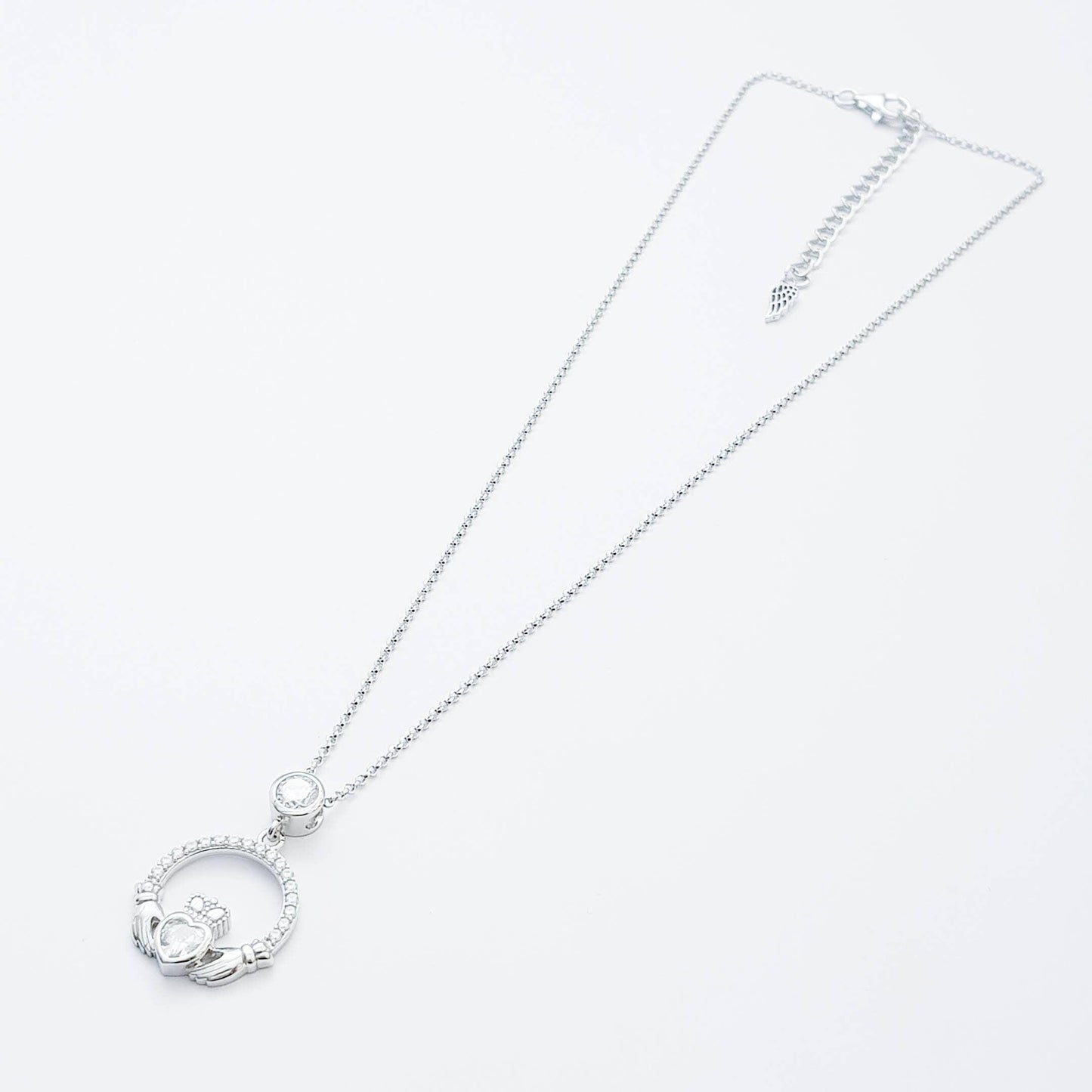 Silver Claddagh pendant, diamond white april birthstone claddagh necklace, claddagh celtic pendant