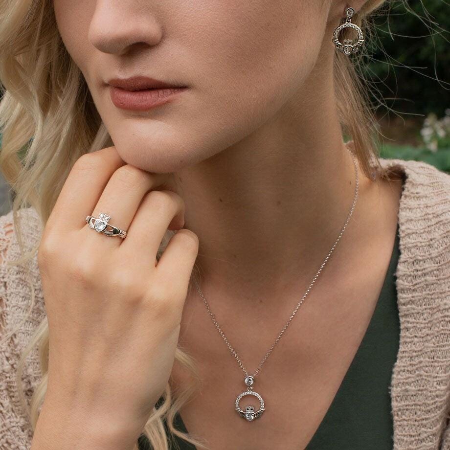 Silver Claddagh pendant, diamond white april birthstone claddagh necklace, claddagh celtic pendant