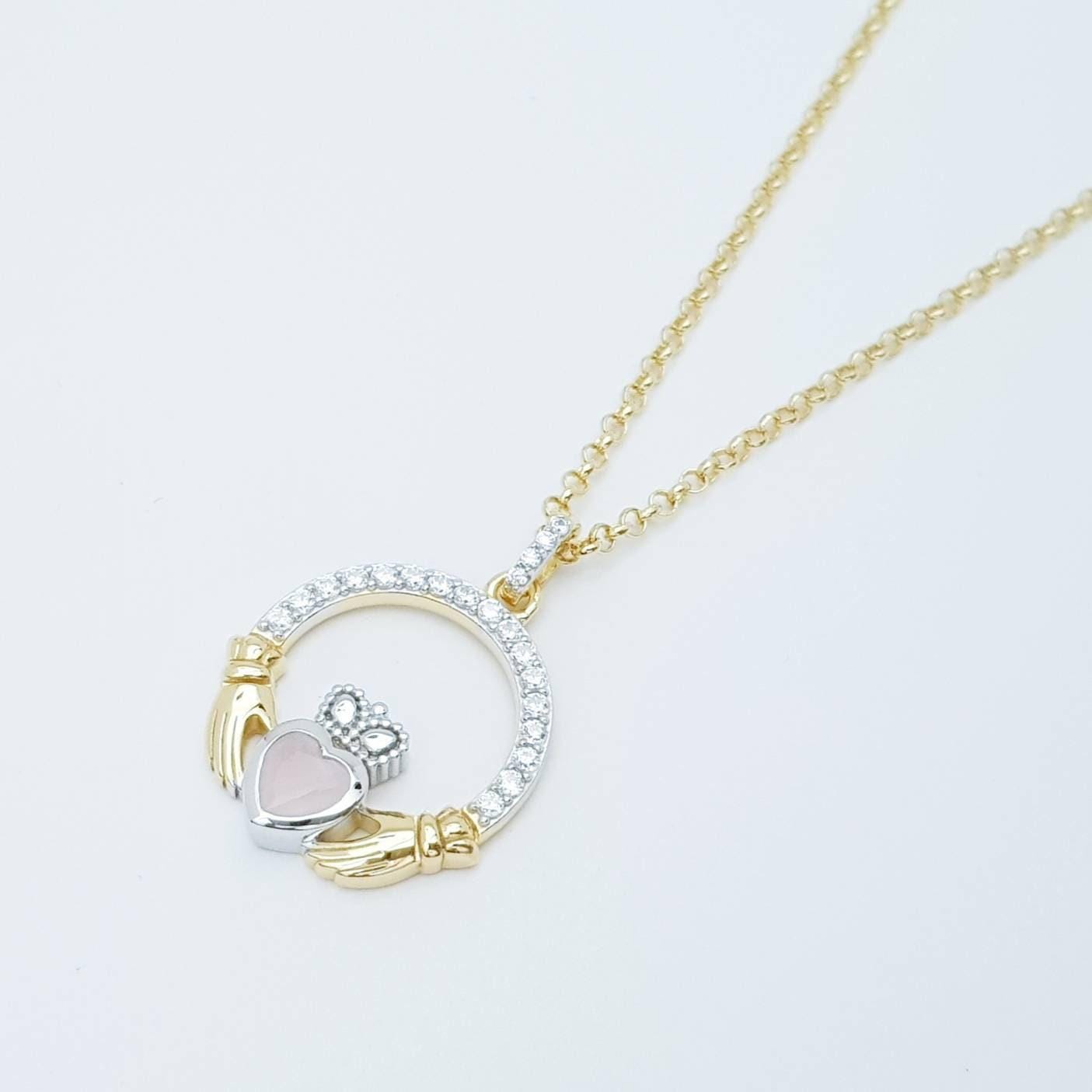 Baby pink Claddagh pendant, Irish claddagh necklace from Galway, Ireland, Angel wing claddagh chain
