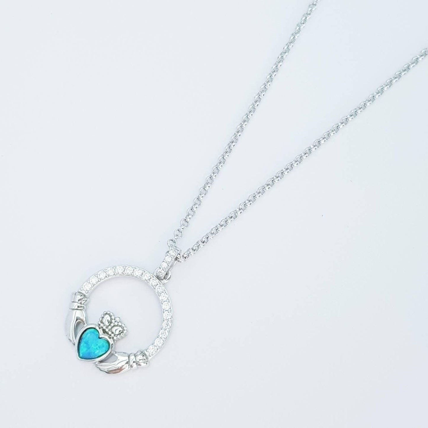 Opal Claddagh pendant, claddagh necklace, sterling silver claddagh pendant