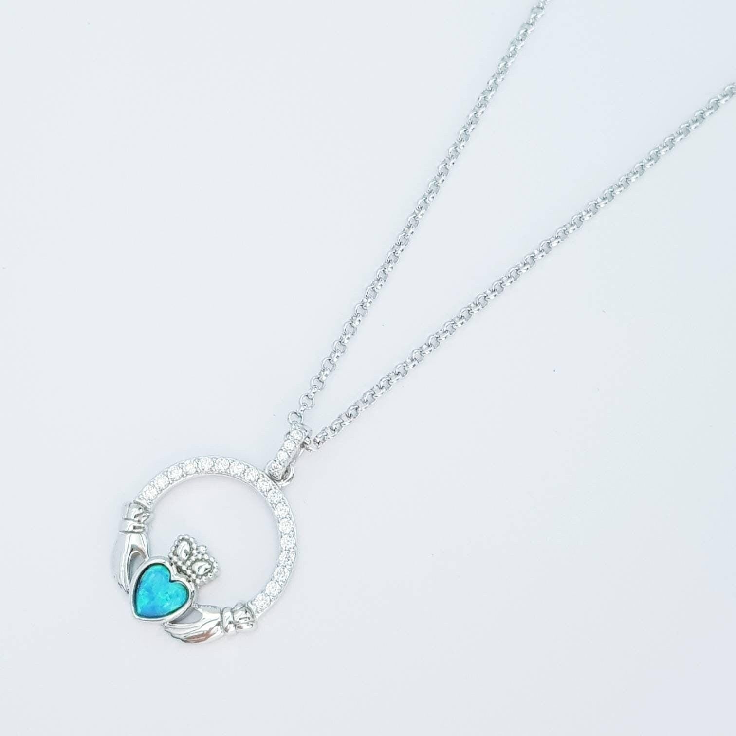 Opal Claddagh pendant, claddagh necklace, sterling silver claddagh pendant