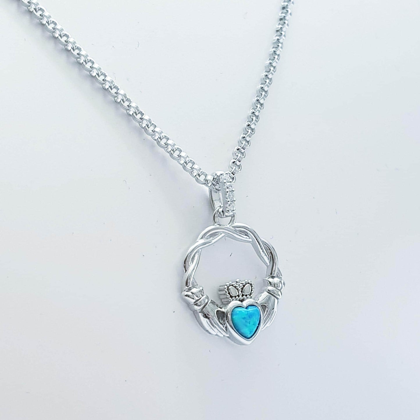 Dainty Sterling Silver claddagh necklace set with Opal