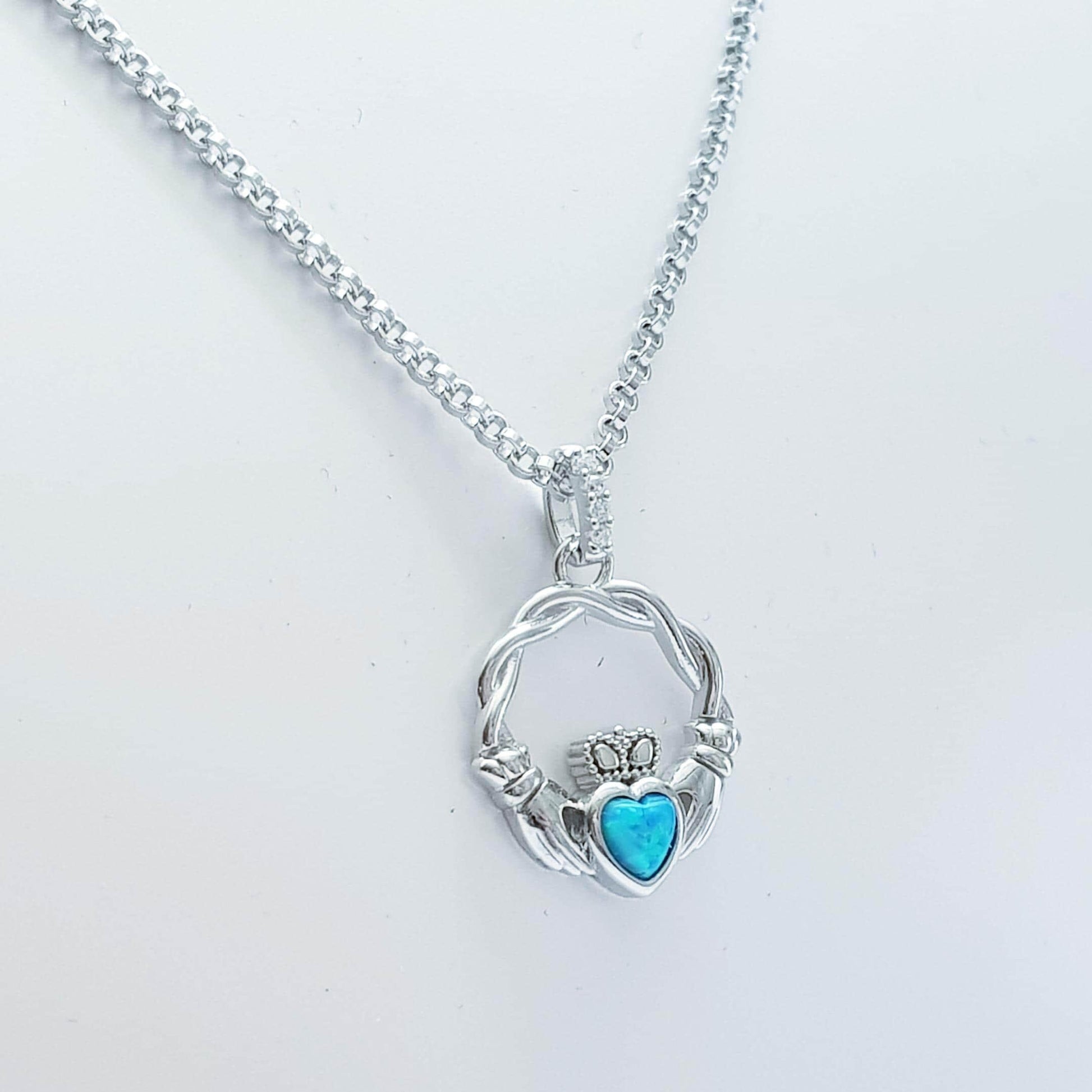 Dainty Sterling Silver claddagh necklace set with Opal