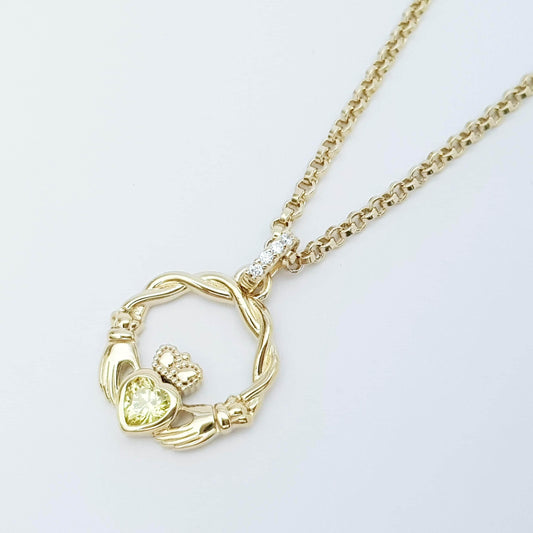 Dainty Sterling Silver claddagh necklace set with Citrine November birthstone