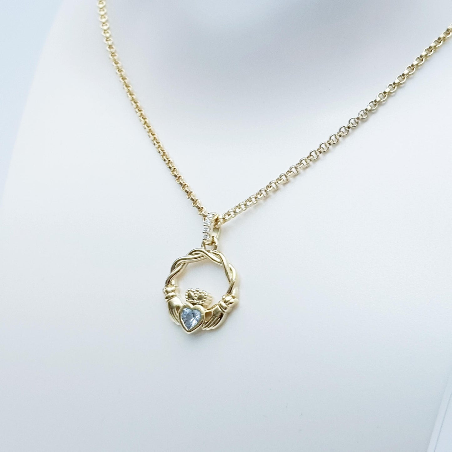 Gold plated sterling silver claddagh necklace set with Aquamarine march birthstone