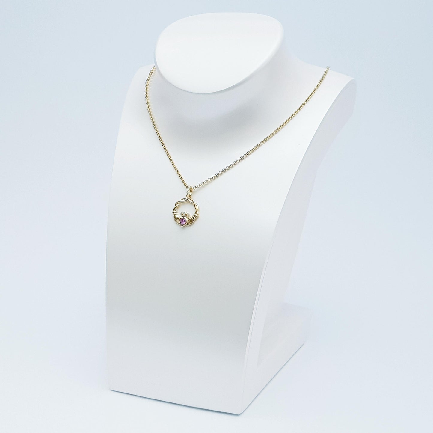 Gold plated sterling silver claddagh necklace set with Aquamarine march birthstone