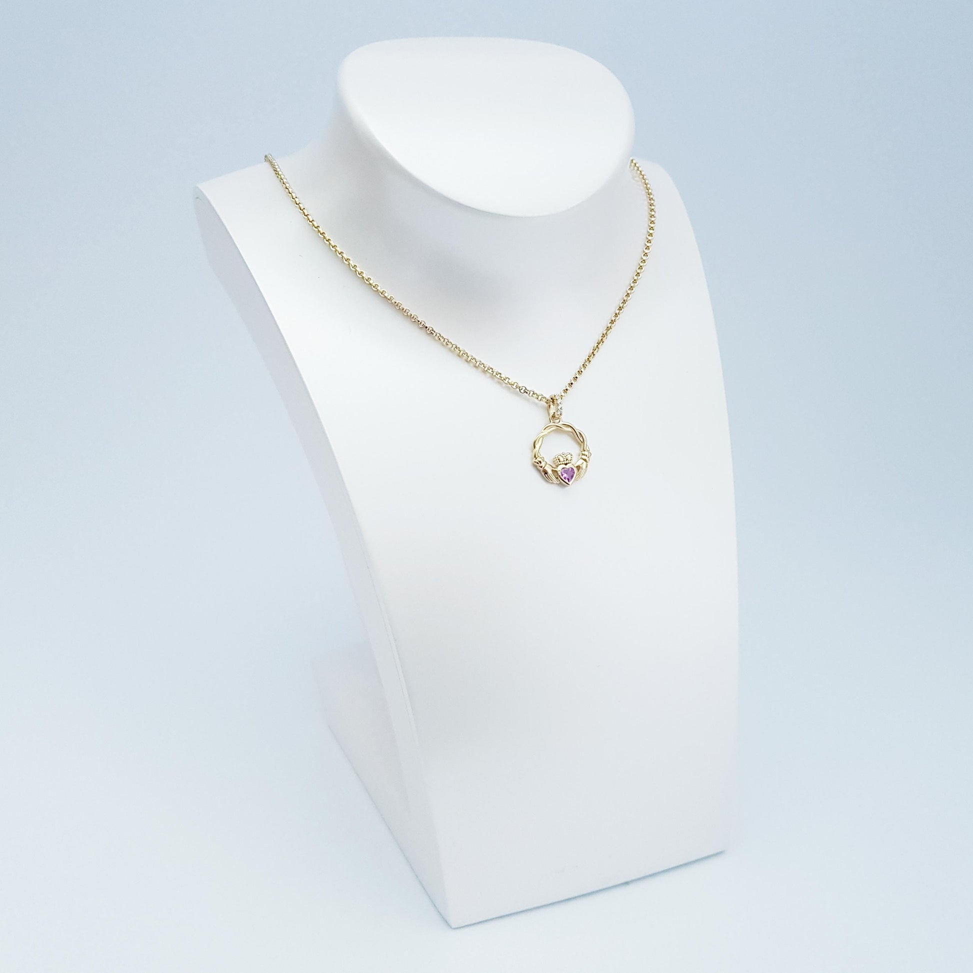 Dainty Sterling Silver claddagh necklace set with sparkling Pink heart