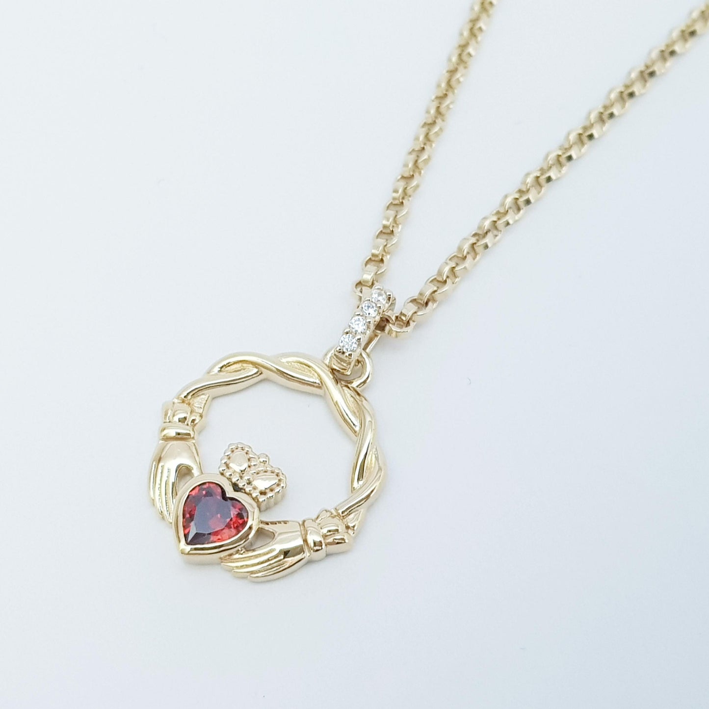 Dainty Sterling Silver claddagh necklace set with Garnet CZ heart