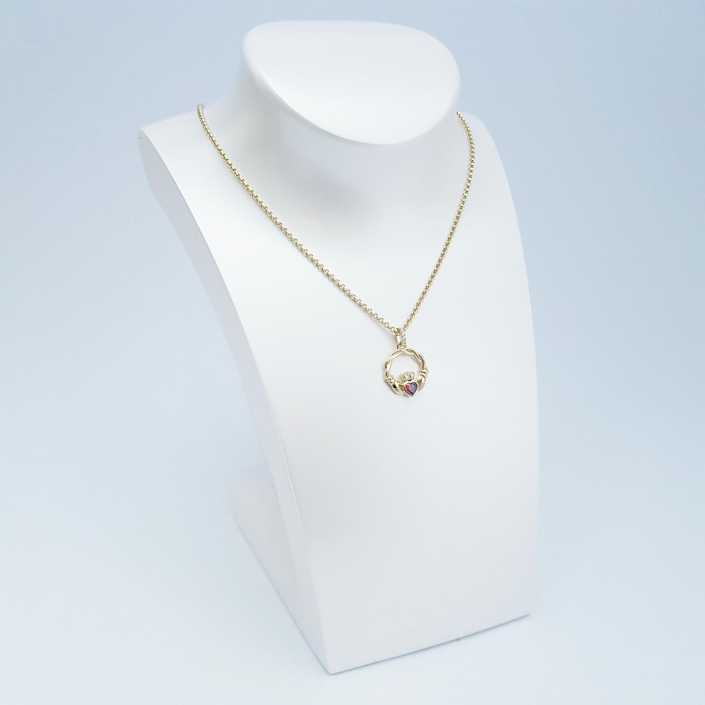 Dainty Sterling Silver claddagh necklace set with Garnet CZ heart