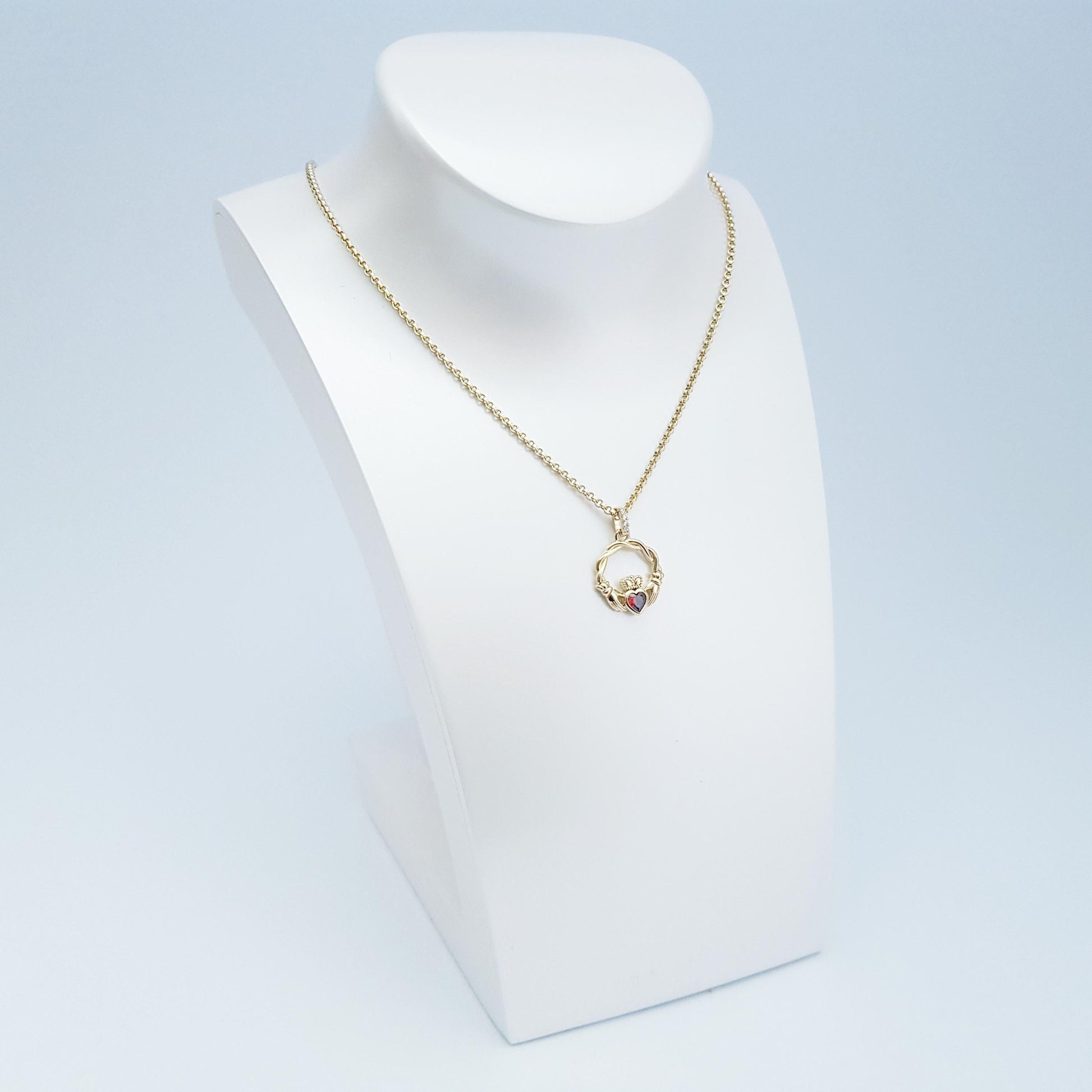 Dainty Sterling Silver claddagh necklace set with Garnet CZ heart