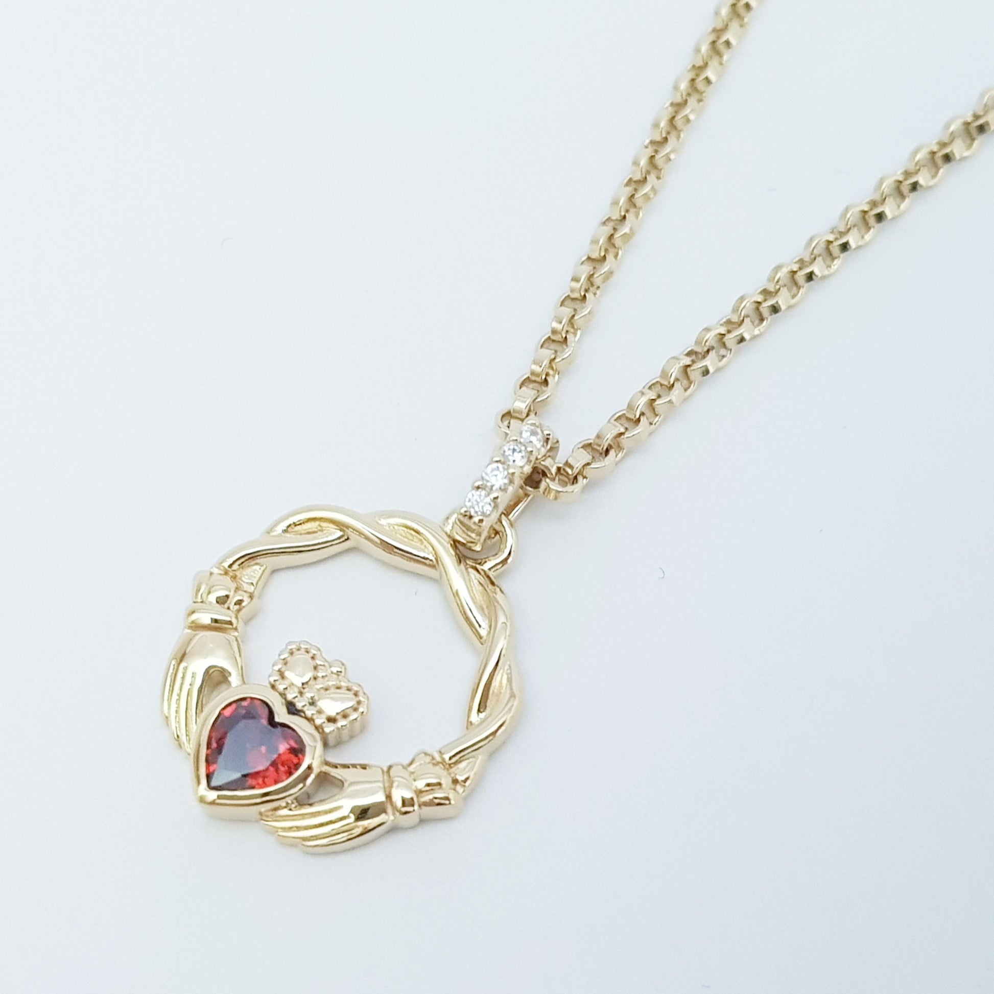 Dainty Sterling Silver claddagh necklace set with Garnet CZ heart