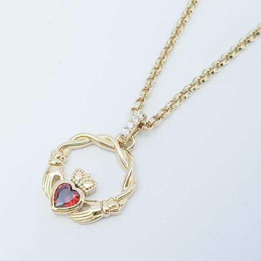 Dainty Sterling Silver claddagh necklace set with Garnet CZ heart