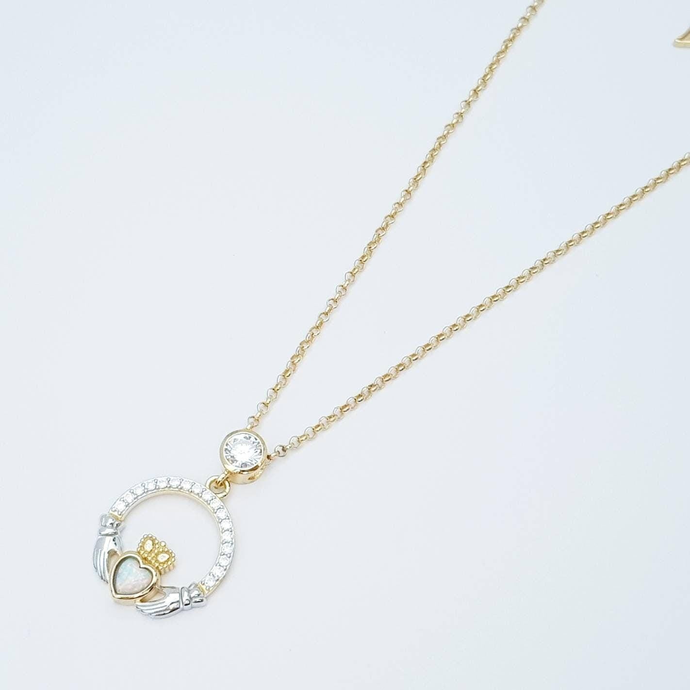 Opal Claddagh pendant, claddagh necklace, yellow gold claddagh pendant October birthstone