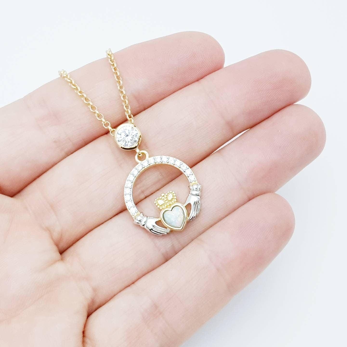 Opal Claddagh pendant, claddagh necklace, yellow gold claddagh pendant October birthstone