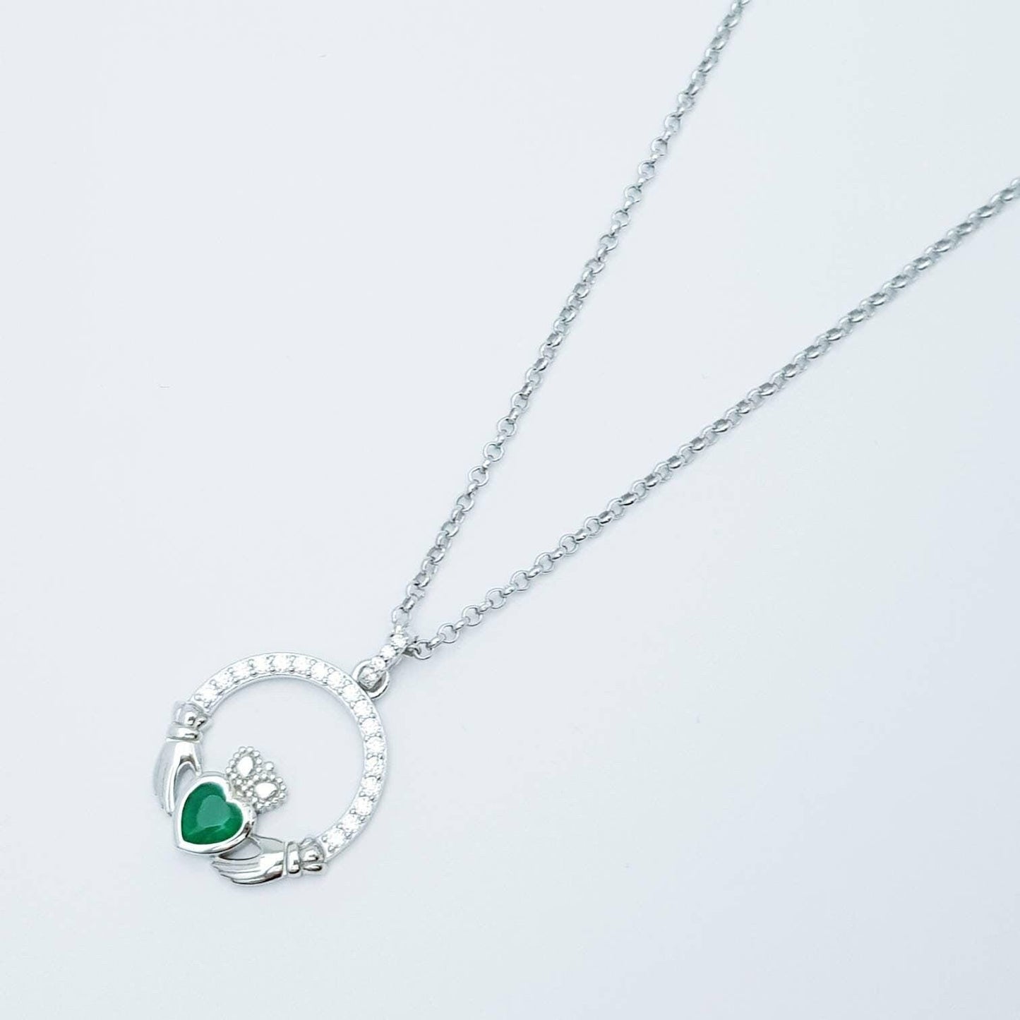 Sterling silver emerald green may birthstone claddagh necklace