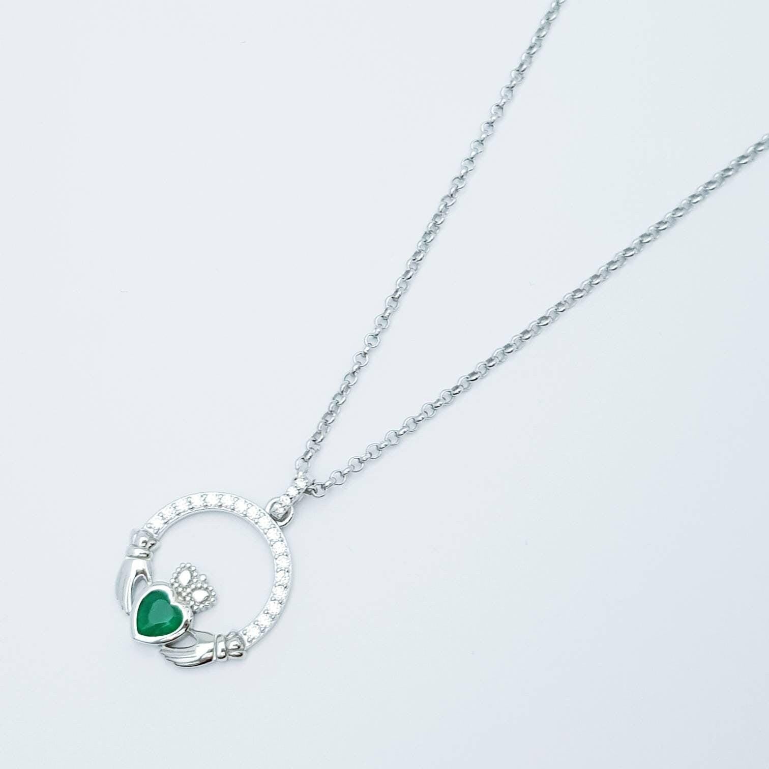 Sterling silver emerald green may birthstone claddagh necklace