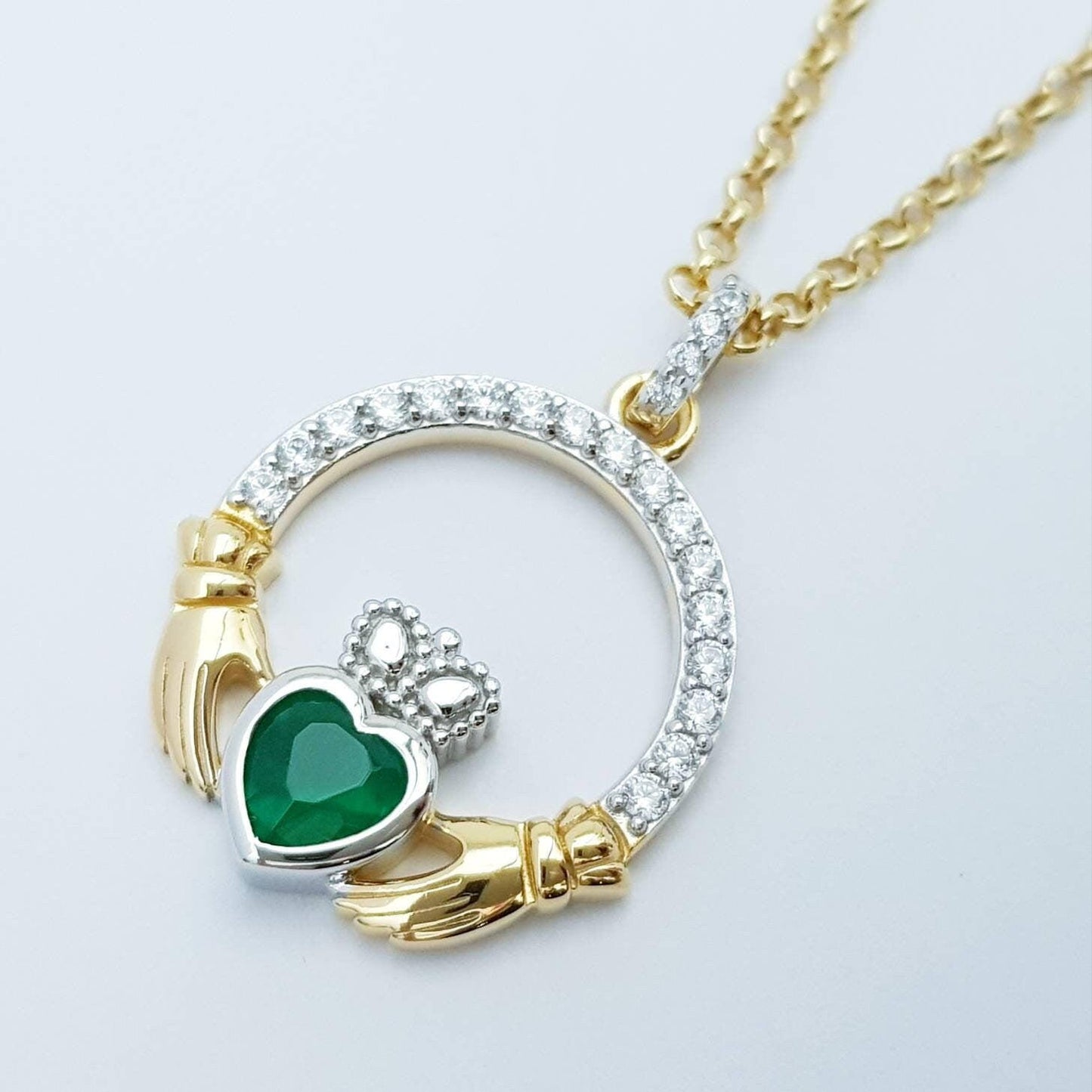 Green Claddagh pendant, claddagh necklace, silver & gold claddagh pendant