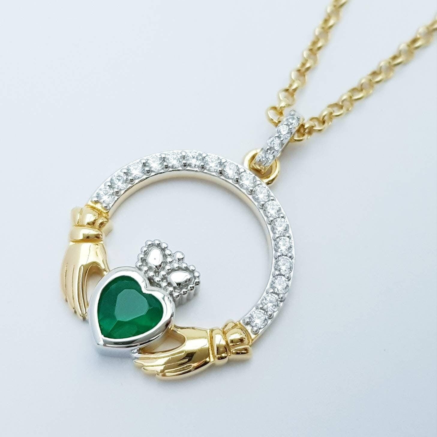 Green Claddagh pendant, claddagh necklace, silver & gold claddagh pendant