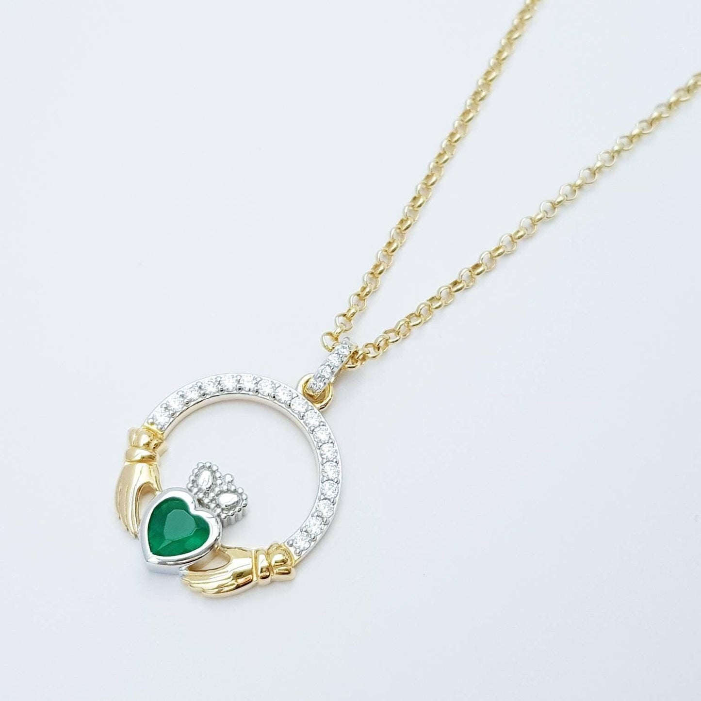 Green Claddagh pendant, claddagh necklace, silver & gold claddagh pendant