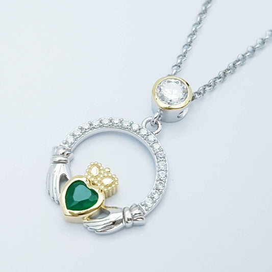 Green Claddagh pendant, claddagh necklace, silver claddagh pendant
