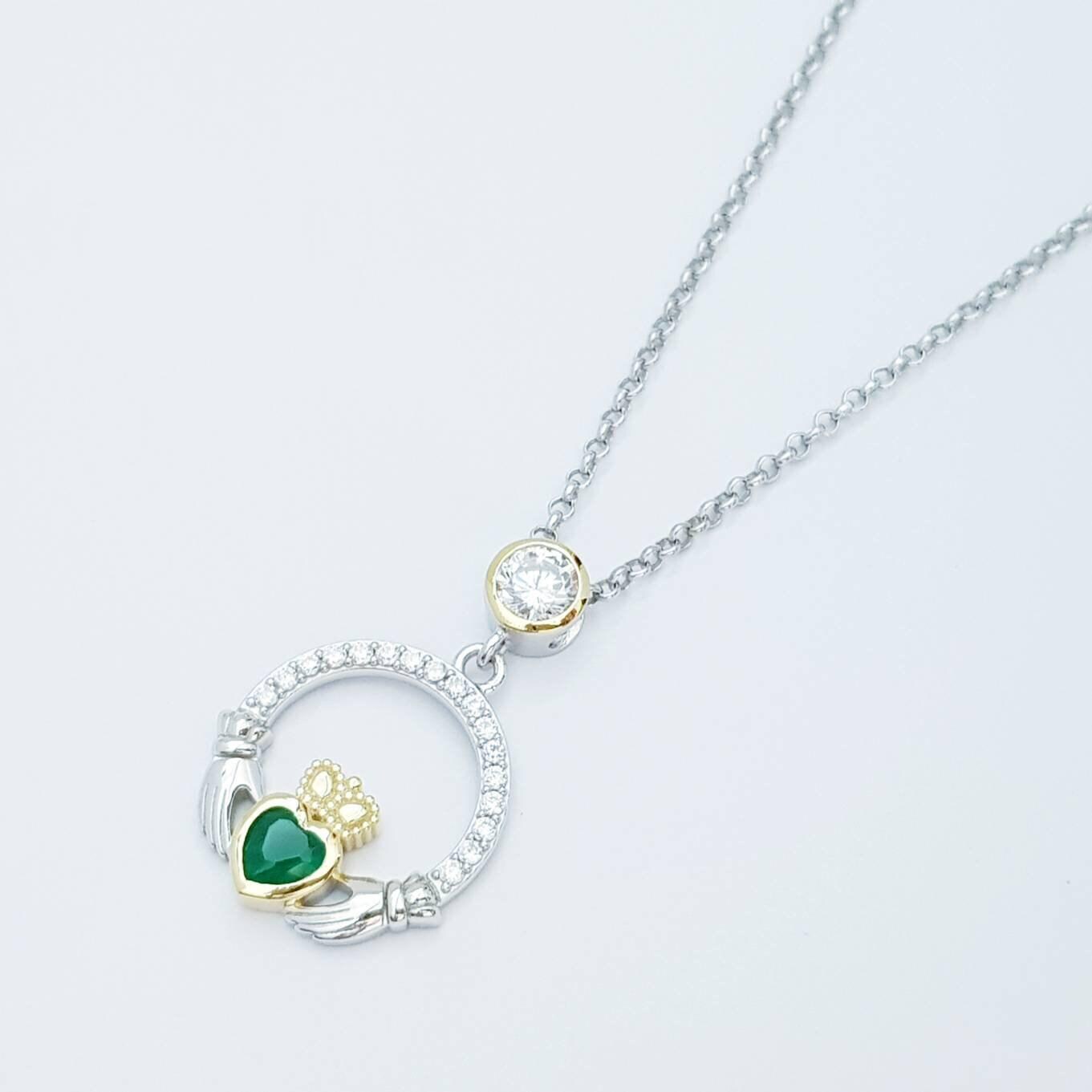 Green Claddagh pendant, claddagh necklace, silver claddagh pendant