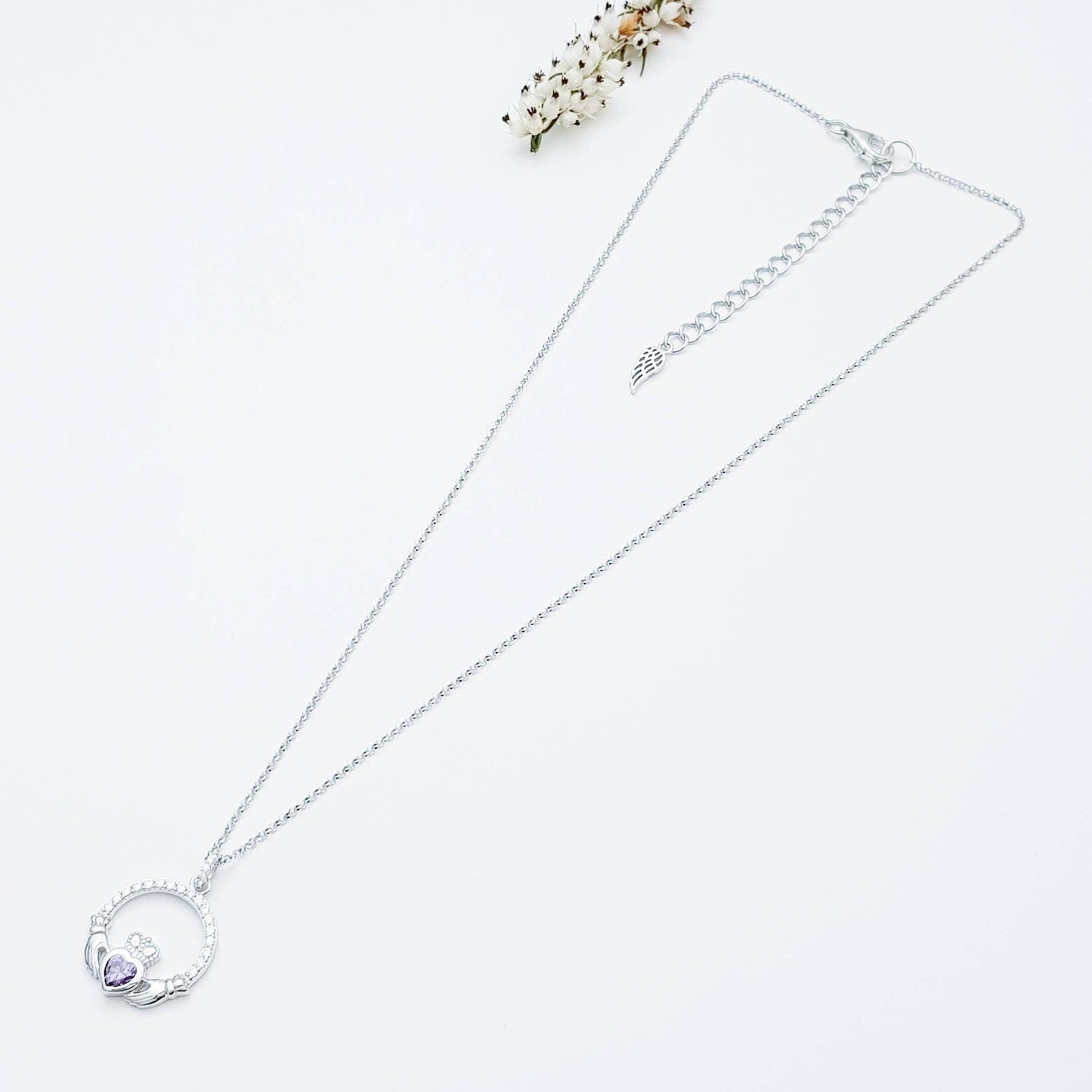 Claddagh necklace with purple February birthstone, Irish claddagh from Galway