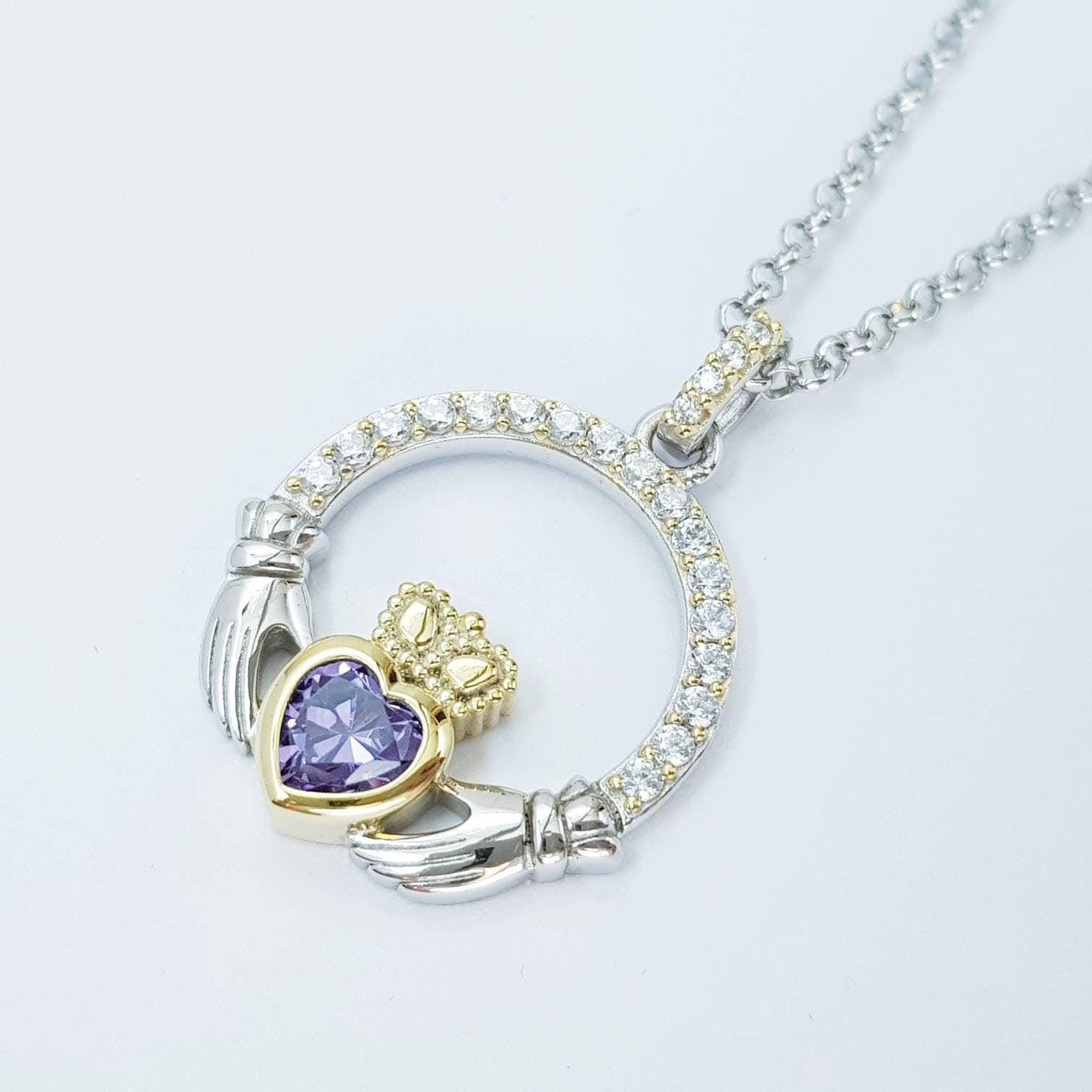 Purple Claddagh pendant, claddagh necklace, silver claddagh pendant February birthstone