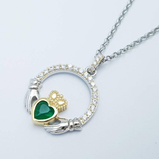 Green Claddagh pendant, claddagh necklace, silver claddagh pendant