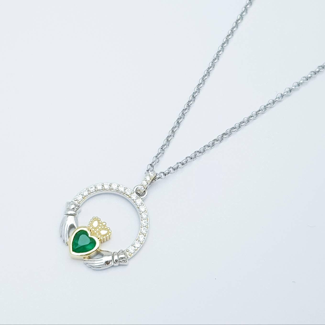 Green Claddagh pendant, claddagh necklace, silver claddagh pendant